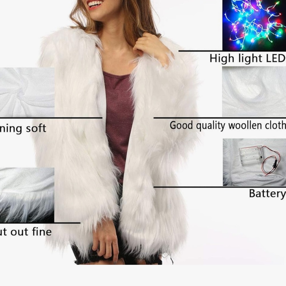 🎉LED fauxfur jacket has adjustable rainbow lights go from subtle to spectacular